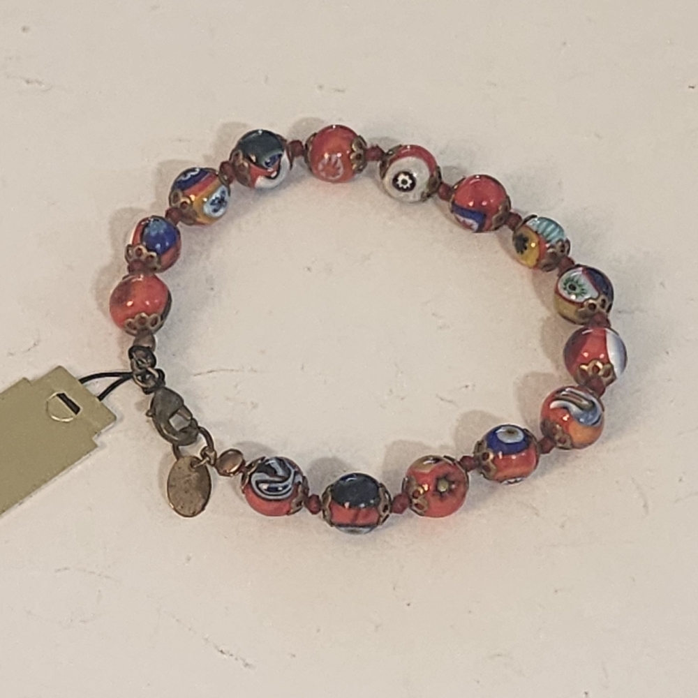 Venetian Murano Round Millefiore Beaded Glass Bracelet, With Tag Signed.